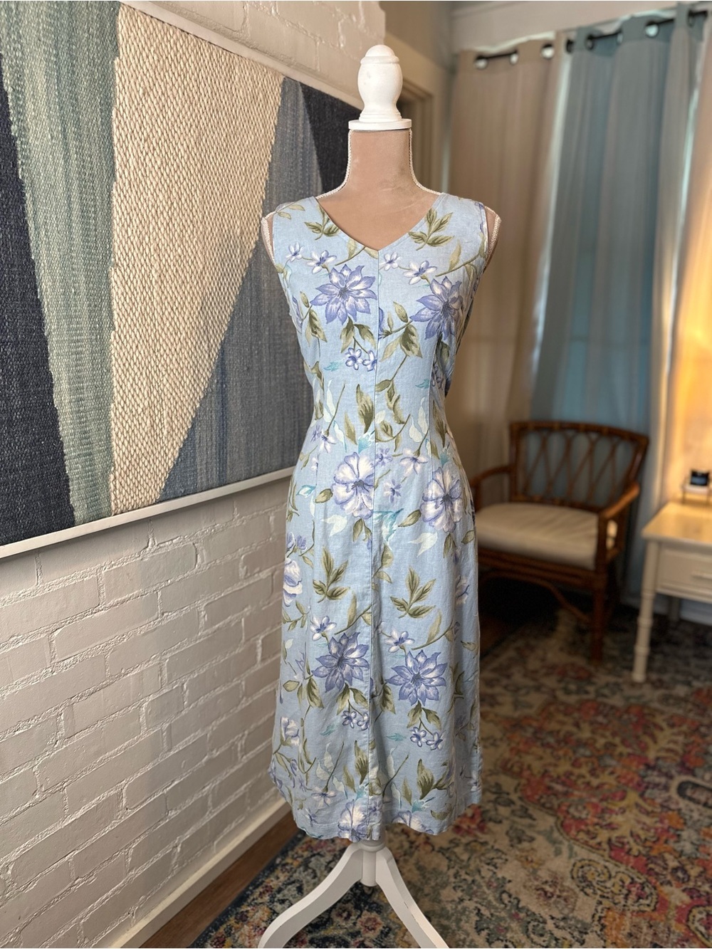 Expressions Linen Blend Blue Floral 90s Sleeveless Midi Dress - Picture 5 of 11